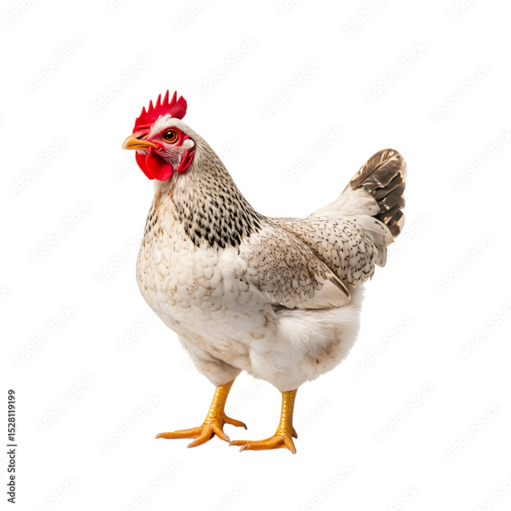 Fototapeta premium Majestic White Chicken with Bright Red Comb and Feathers Standing Proudly on a White Background