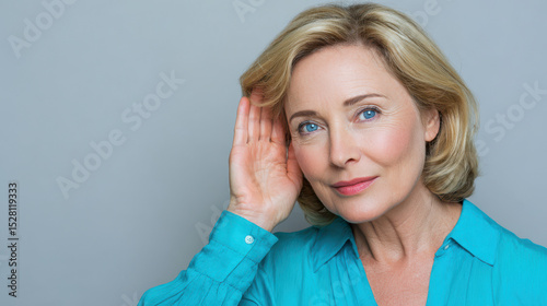 middleaged person gently cups their hand behind one ear slightly leaning forward