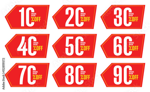 Special offer discount label with different sale percentage. 10, 20, 30, 40, 50, 60, 70, 80, 90, percent off price reduction badge promotion design emblem set vector illustration isolated