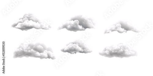 Collection of fluffy white clouds isolated on black background Set of cumulus cloudscape for creative design element Concept of weather, sky, and nature