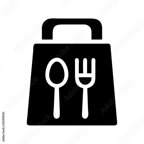 Black and white icon of a takeout food bag with utensils