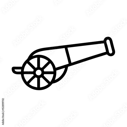 Simple black and white illustration of a cannon with a wheel