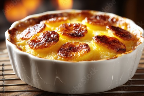 A delectable scalloped potatoes au gratin with browned cheese in a white dish served warm, creating a comforting and visually appealing culinary delight for food enthusiasts.