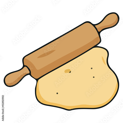 A cartoon illustration shows a rolling pin rolling out a pale yellow dough, showing the process of making bread or pastry.