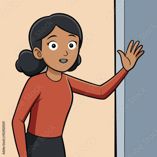A woman reaching out to touch an invisible barrier, symbolizing challenge, limitation, or unseen obstacles.
