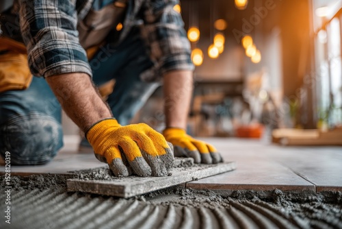 Close-up of a construction worker laying gray ceramic floor tiles with cement, wearing safety gloves and casual clothing, in an interior remodeling project.