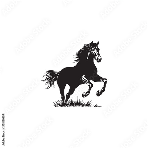 a horse jumping, with its mane and tail flying, on the grass