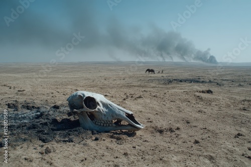 A stark desert landscape featuring an animal skull in the foreground, against a backdrop of distant smoke and wildlife, evoking themes of environmental decay, disaster. photo