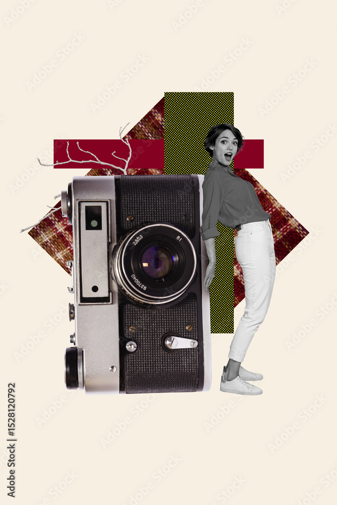 Fototapeta premium Trend artwork composite 3D photo collage design of obsolete camera cadre photo moment capture content young lady stand near hand hold