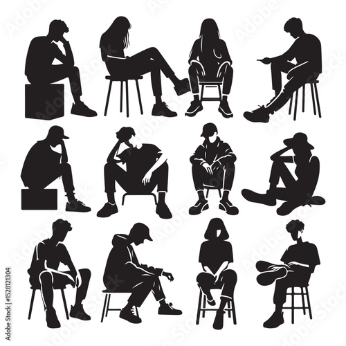 Flat Vector Illustration Pack of Diverse People Sitting - Silhouette Collection