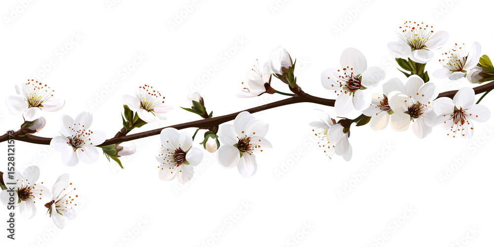 Delicate plum blossom branch with white flowers and buds against a black background Concept of spring, renewal, and floral beauty Delicate plum blossom branch with white flowers and buds against a black background Concept of spring, renewal, and floral beauty