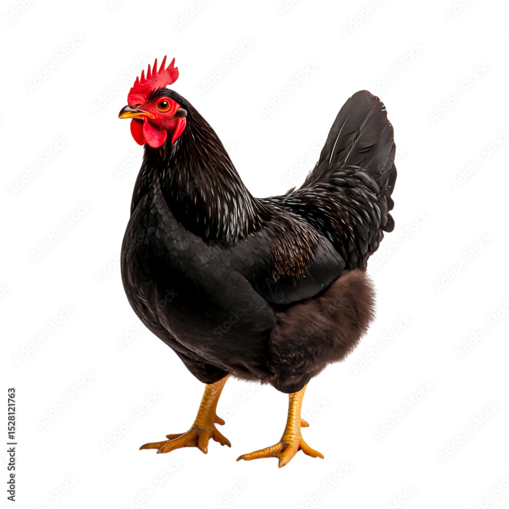 Fototapeta premium Beautiful black hen with vibrant red comb isolated on a clean background for farm themes