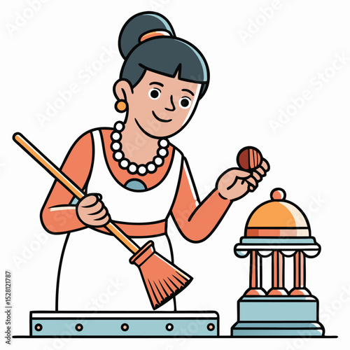 A woman using a tiny brush to clean a delicate, intricate object, showing precision and care.