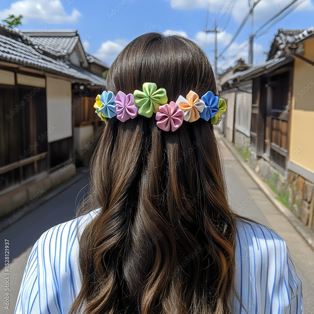 Naklejka premium Beautiful woman walking in a quaint village street with colorful flower hair accessory on a sunny day