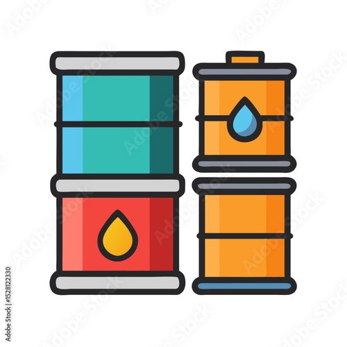Colorful illustration of oil barrels with droplets representing petroleum and fuel