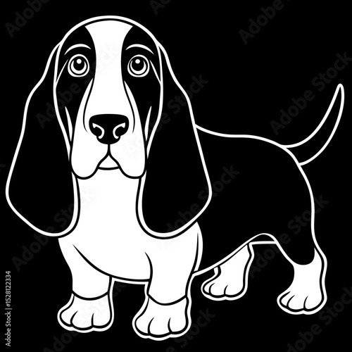Cartoon basset hound standing with floppy ears and big eyes  