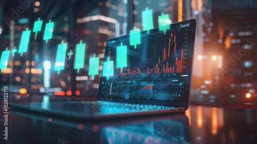 A laptop displaying financial stock charts sits on a desk in front of large city windows at night with digital data graphics overlay.