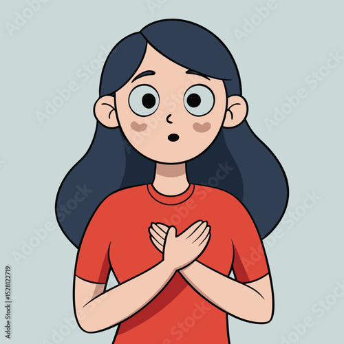 A woman with a hand gently covering her heart, symbolizing compassion, sincerity, and heartfelt emotion.