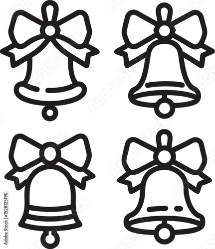 Four Christmas Bell Icons with Bows in Black Outline Style