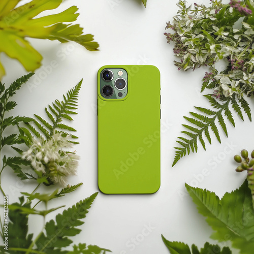 Minimalist phone green case mockup placed on a plain background with subtle highlights	