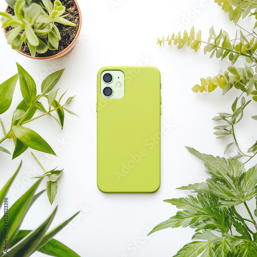 Minimalist phone green case mockup placed on a plain background with subtle highlights	