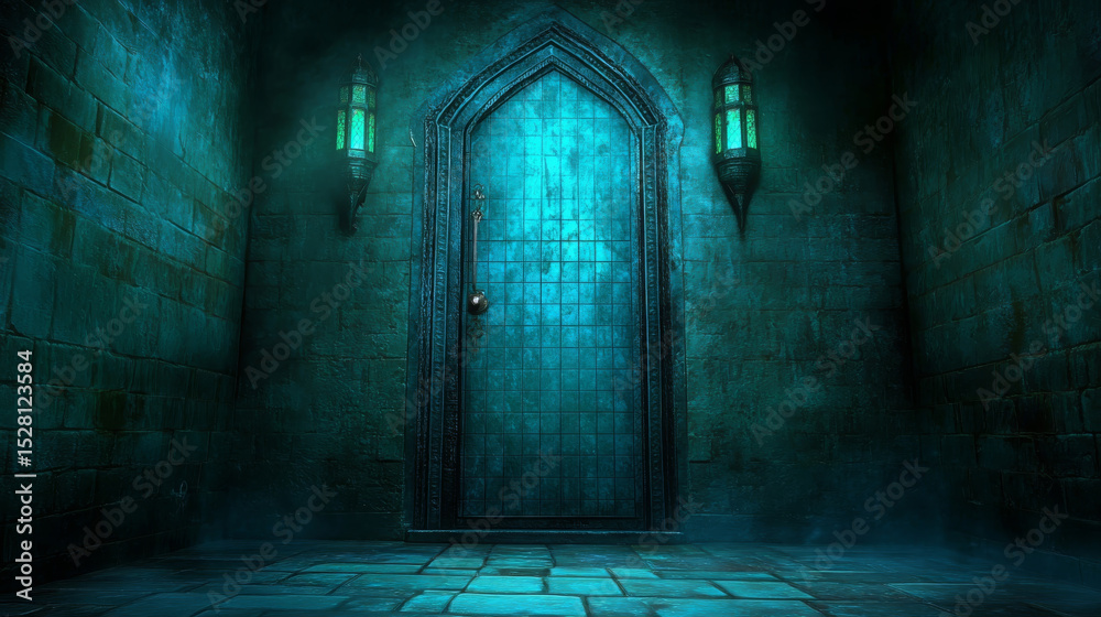 Obraz premium Mysterious door dimly lit corridor, surrounded by stone walls and glowing lanterns