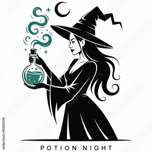 Black Witch Silhouette Holding Teal Potion Bottle vector