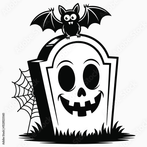 Cartoon Bat on Smiling Gravestone Halloween Illustration