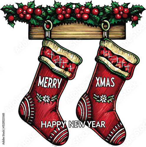 Festive Christmas Stockings Hanging from a Wooden Shelf with Holly Berries