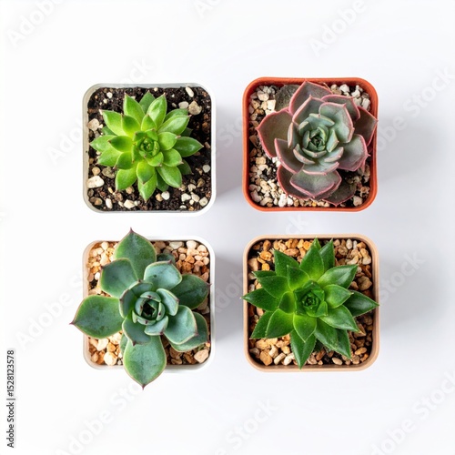 Four different succulents in square pots arranged in a 2x2 grid on a white background.