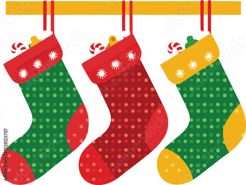 Three Christmas Stockings Hanging on a Rod with Candy Canes