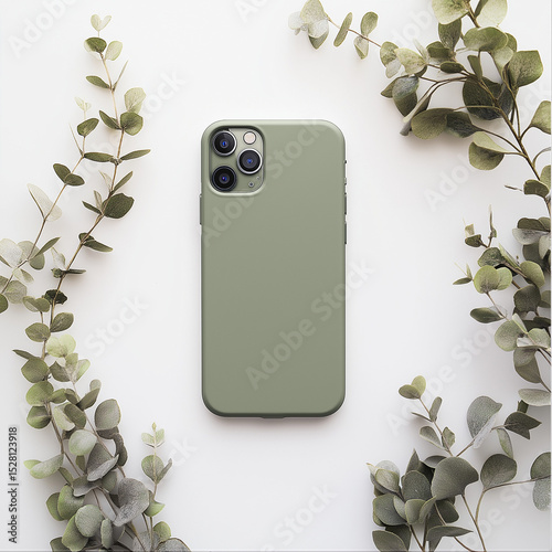 Minimalist phone green case mockup placed on a plain background with subtle highlights	