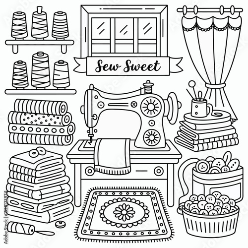 Sewing Machine with Thread Spools Fabric and Buttons