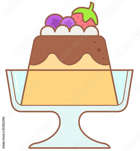 Cute Sweet Caramel Custard Flan with Berry Fruit Topping