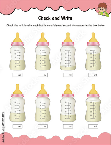 Baby bottle with milk, Baby feeding bottles, milk feeders, Feeder with measurements, measuring worksheet, plastic baby bottle isolated on a white background Includes measurements and a silicone nipple