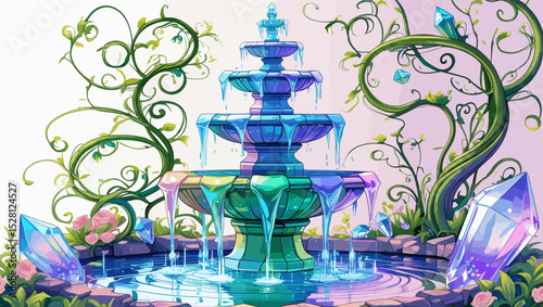 Colorful fountain surrounded by vines and crystals in a whimsical garden