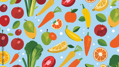 Colorful fruit and vegetable pattern on a light blue background