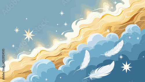 Abstract sky with golden waves, fluffy clouds, and feathers in a magical atmosphere