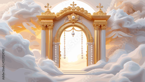 Majestic golden archway adorned with pearls amidst fluffy clouds in a heavenly realm