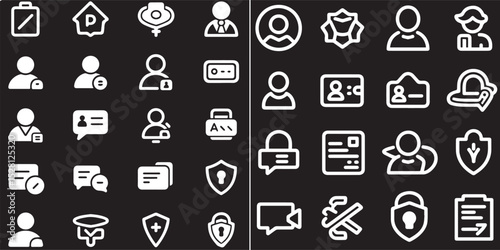 A collection of user interface icons, possibly from an application. Icons vary in style and depict subjects like people, files, and security.