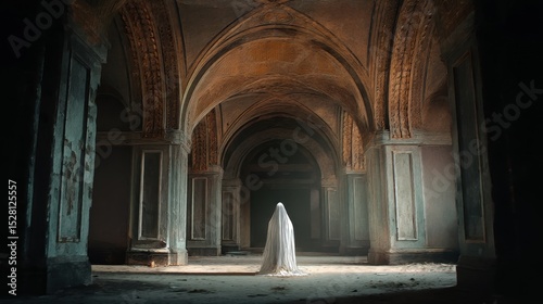 Mysterious Shrouded Figure in Abandoned Gothic Hall