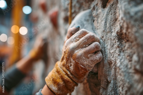 A climber's hand gripping a chalky rock wall, showcasing strength and determination as they ascend the challenging indoor climbing route with bright background.