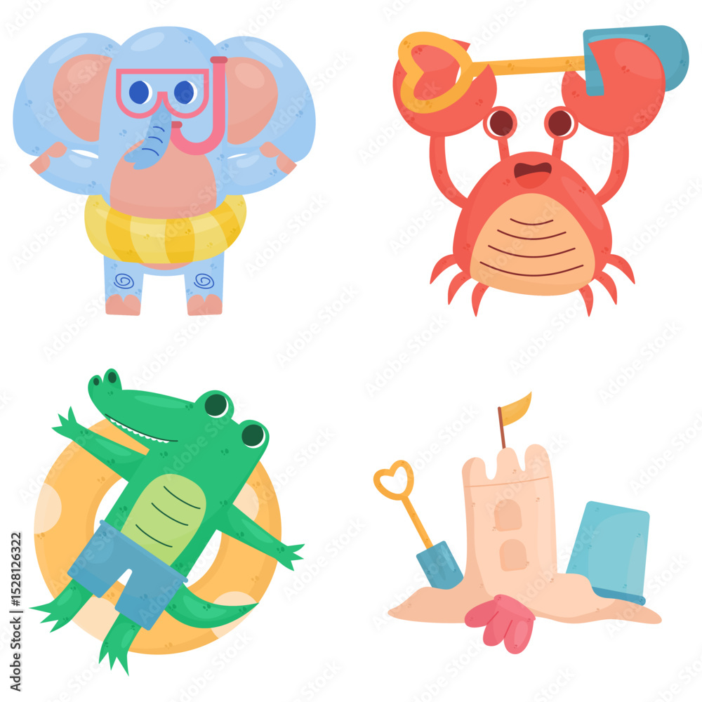 Obraz premium Summer Fun Animals Enjoying the Beach, Elephant, Crab, Crocodile and Clam.