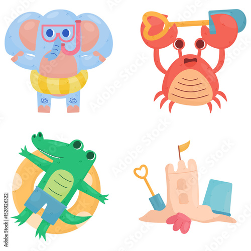 Summer Fun Animals Enjoying the Beach, Elephant, Crab, Crocodile and Clam.
