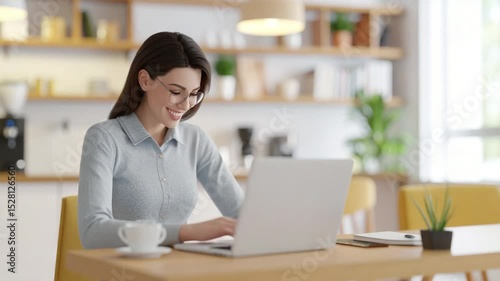 Wallpaper Mural Woman Telecommuting in Bright Kitchen: A woman sits at her kitchen table, bathed in soft, natural light, as she works on her laptop with a smile, showcasing the blend of work and home life. Torontodigital.ca