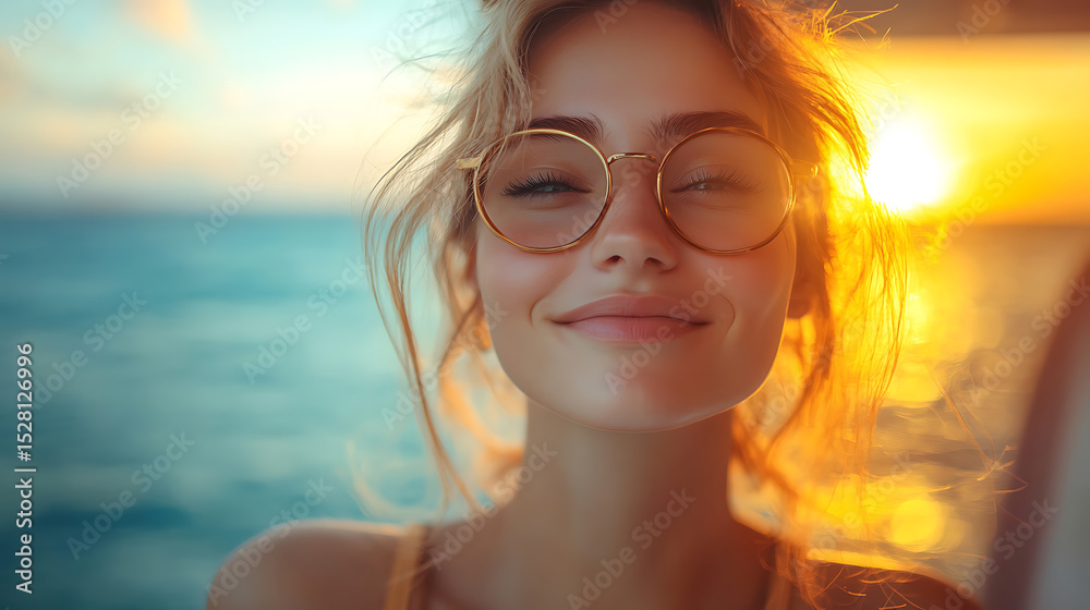Golden Hour Happiness Young Woman Smiling at Sunset by the Sea Golden Hour Happiness Young Woman Smiling at Sunset by the Sea