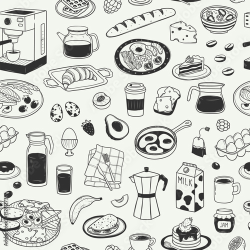 Hand drawn doodle seamless pattern of different breakfast or brunch elements. Linear background with healthy morning food and drink in sketch style. Vintage design for poster, print, wrapping paper