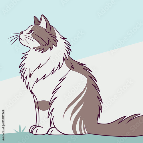 Norwegian Forest Cat sitting gracefully against a light background  