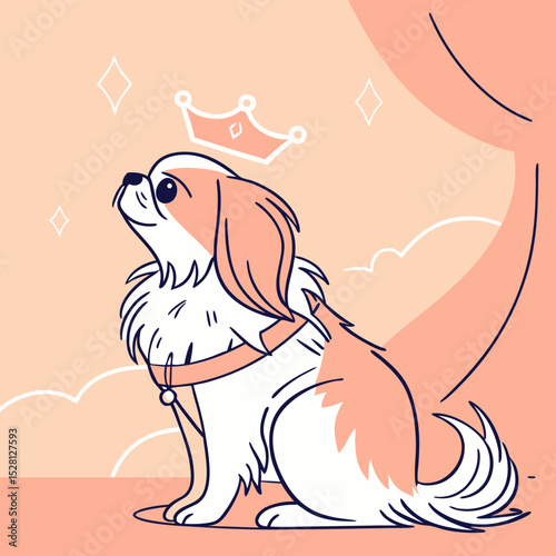 Cute Pekingese dog sitting proudly with a crown in soft colors  