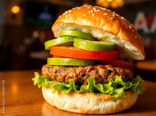 Gourmet Burger Delight: A mouthwatering gourmet burger, meticulously crafted with fresh ingredients, rests temptingly on a wooden surface, enticing culinary enthusiasts photo